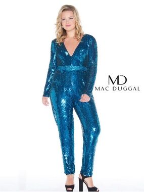 FABULOUSS BY MAC DUGGAL Teal Sequin V-Neck Jumpsuit size 24